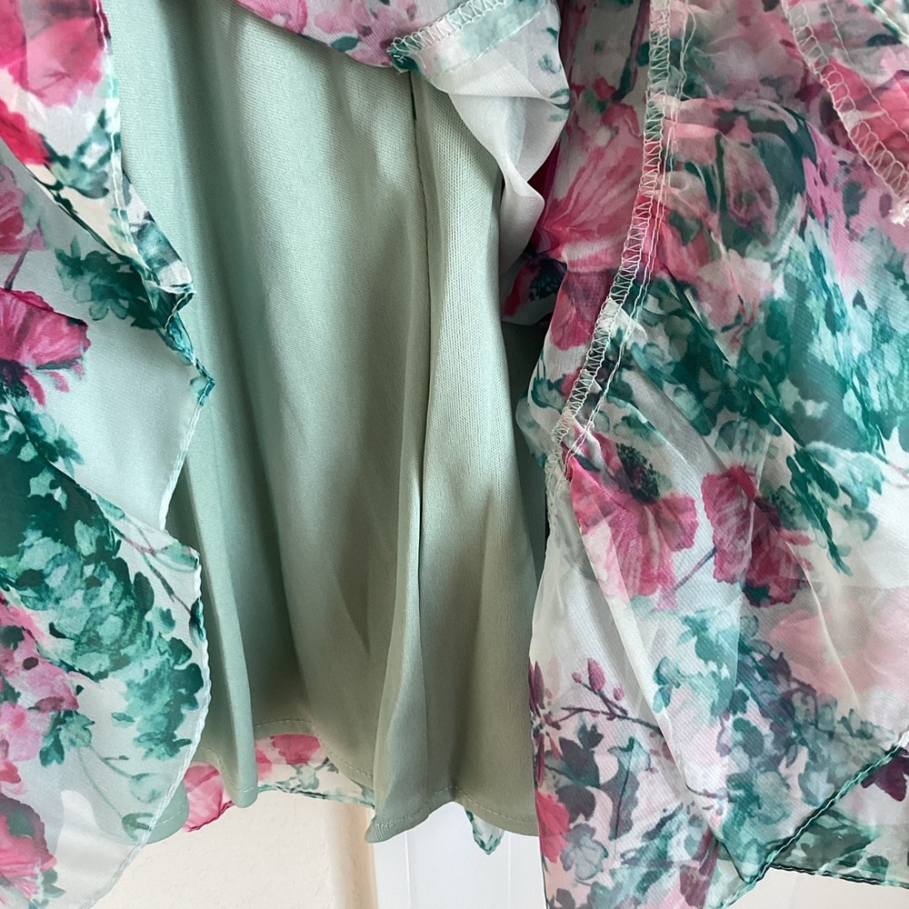 Mac Duggal Pink & Green Floral Ruffle Mini Dress - Picture 9 of 16